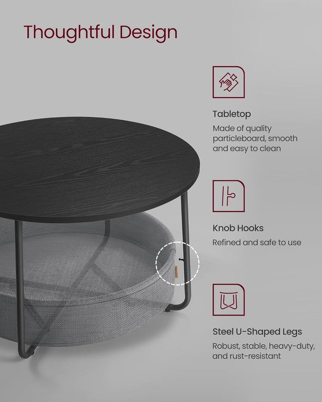 Round Coffee Table with Storage Basket, Metal Frame, Ebony Black & Slate Gray3