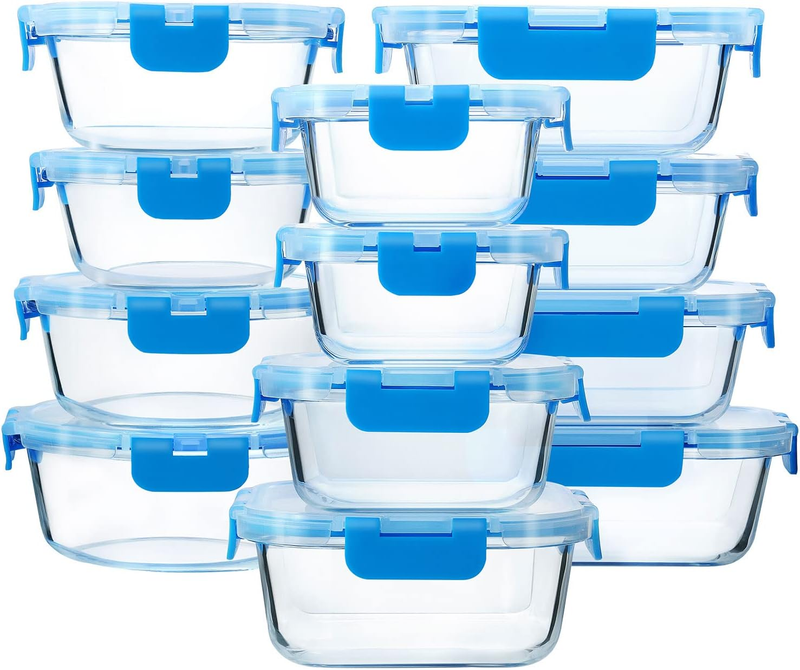 24 Piece Glass Meal Prep Containers Airtight Snap Lock Lids Blue0