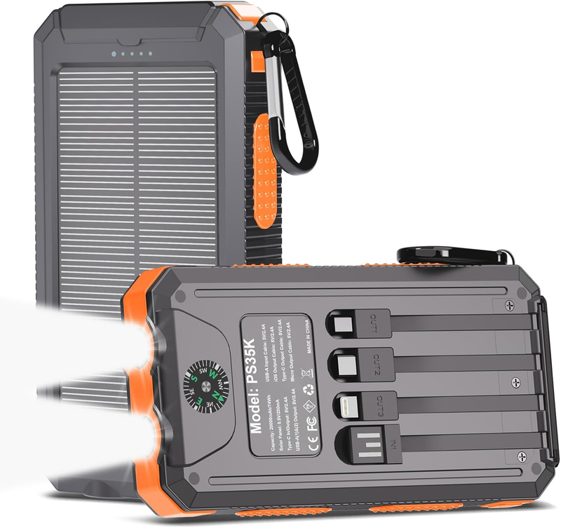 20000mAh Solar Power Bank 4 Cables USB-C Waterproof Dual Flashlight Camping0