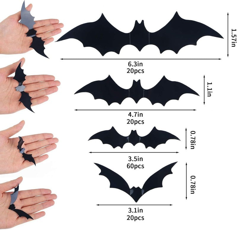 120-Piece 3D Halloween Bat Wall Decor – Waterproof Black Bat Stickers in 4 Sizes2