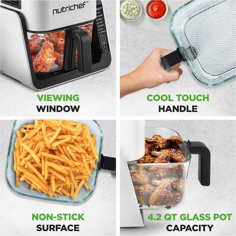 4QT Air Fryer & Grill 8-in-1 w/ Transparent Bowl White Glass Cooking 4