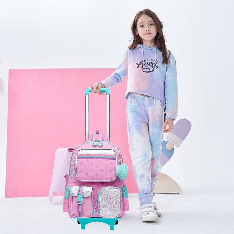 Kids Cute Rolling Backpacks for Girls Trolley School Bags Roller Backpack with W3