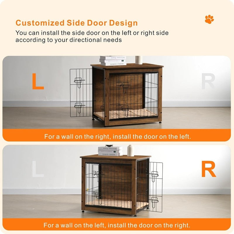 Dog Crate Furniture Table w/Cushion Wooden Kennel Double Door 27.2" Warm Brown3