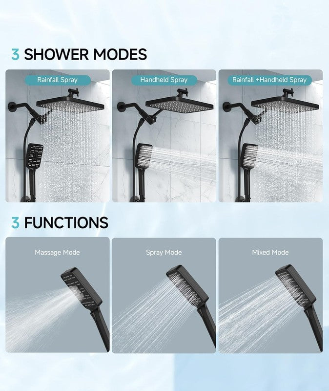 12" Rain Shower Head w Handheld Dual Adjustable Waterfall Matte Black4