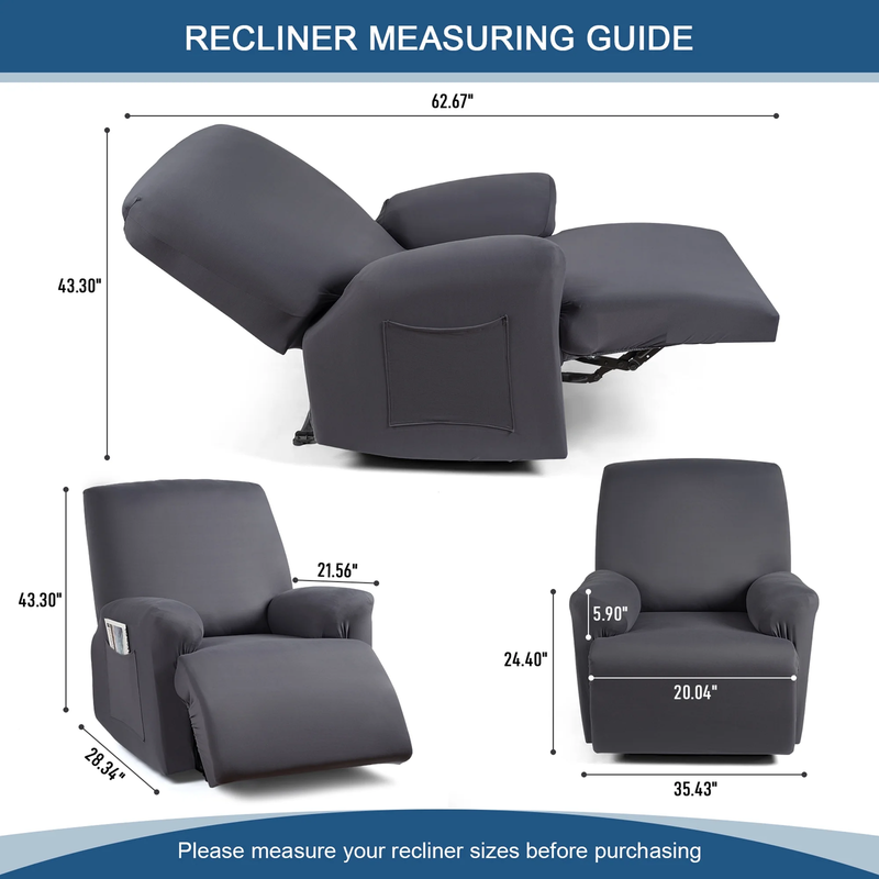 3-Piece Dark Gray Recliner Slipcover Stretch Chair Cover with Pockets1