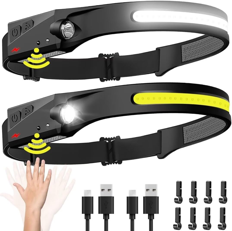 Headlamp Rechargeable 2PCS, 230° Wide Beam Head Lamp LED with Motion Sensor for 9