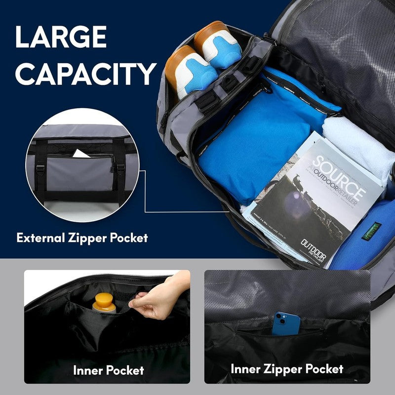 45L Duffle Bag Backpack Grey Travel Gym Water Resistant Shoes Compartment3