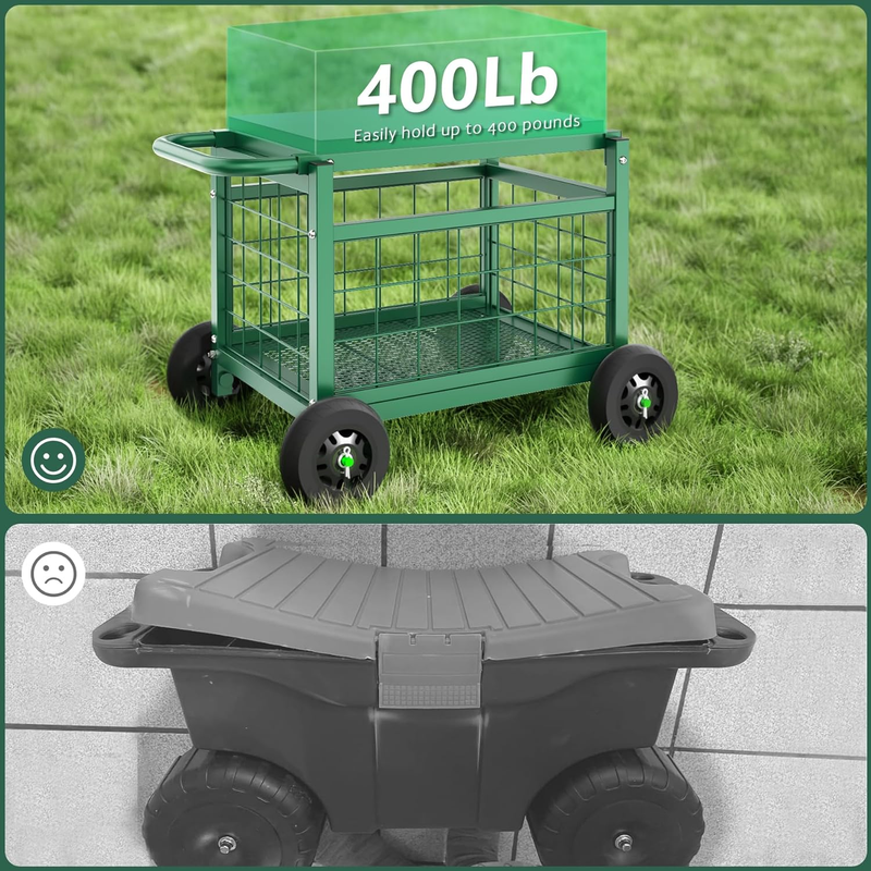 Rolling Garden Work Seat with Wheels, Upgraded Heavy Duty Gardenning Cart with S7