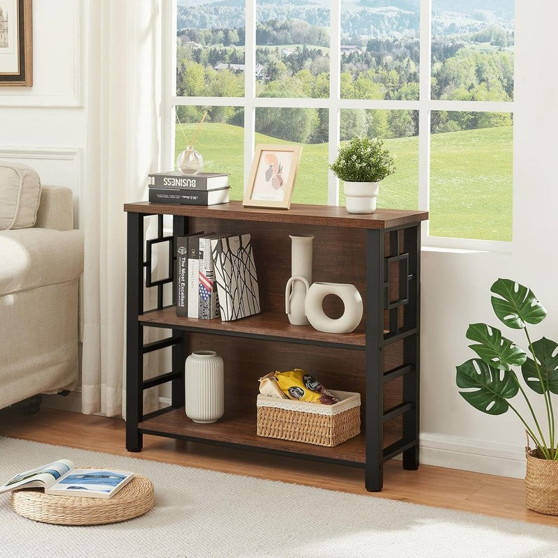 3 Tier Bookshelf Rustic Brown Engineered Wood Metal Storage Bookcase Low2