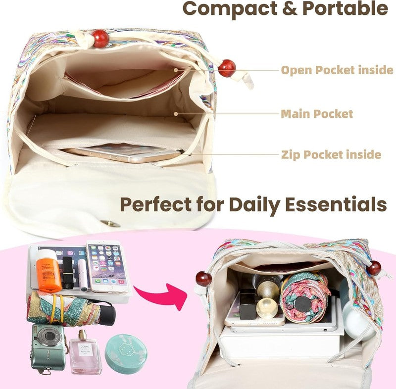 Women Embroidered Backpack Boho Floral Mini Travel Shoulder Bag Beige Red2