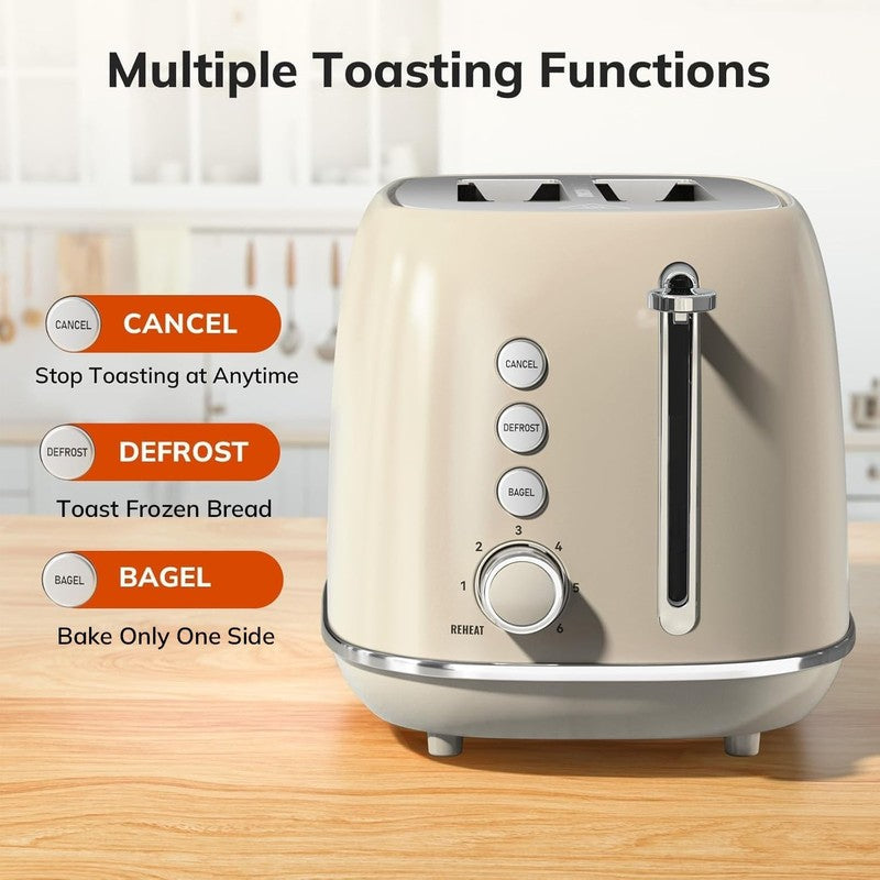 Retro 2 Slice Toaster Taupe - Stainless Steel, Bagel, Defrost, 6 Shade Wide Slot1