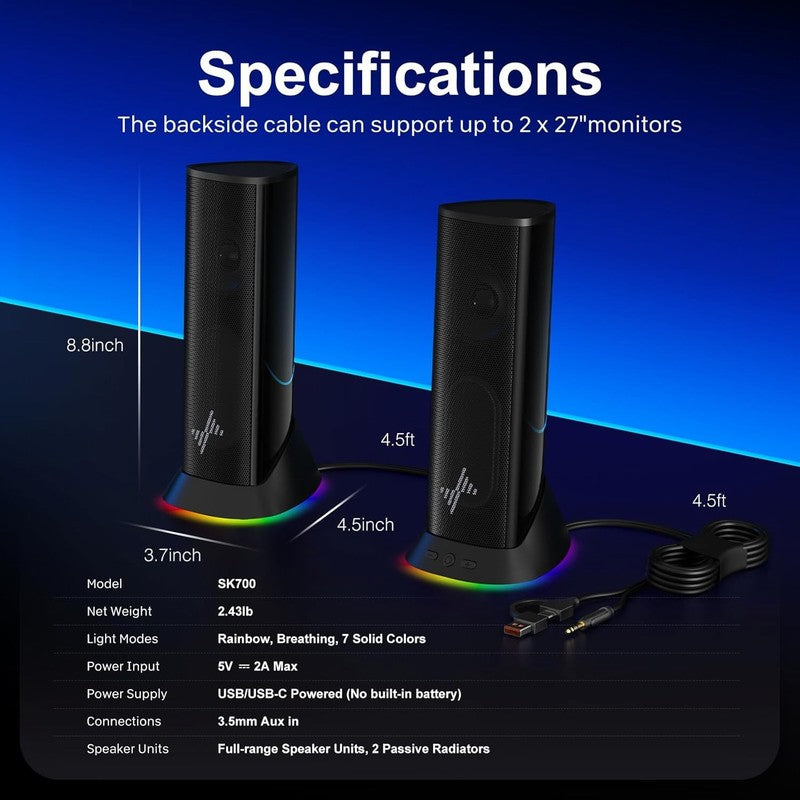 RGB Computer Speakers USB USB C 3.5mm Aux Plug Play PC Laptop Stereo6