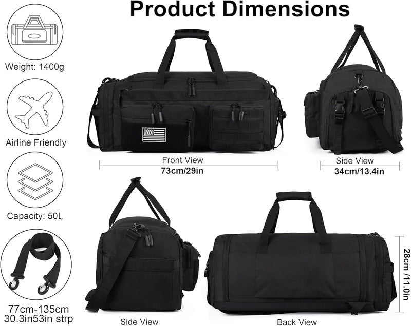 50L Tactical 3-in-1 Gym Duffle Backpack w/ Shoe Laptop MOLLE Black1