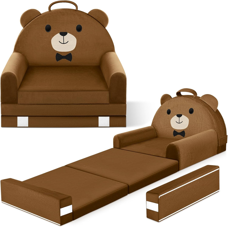 Kids Foldable Sofa Bed w/ Washable Cover, Crystal Velvet Toddler Chair Brown0