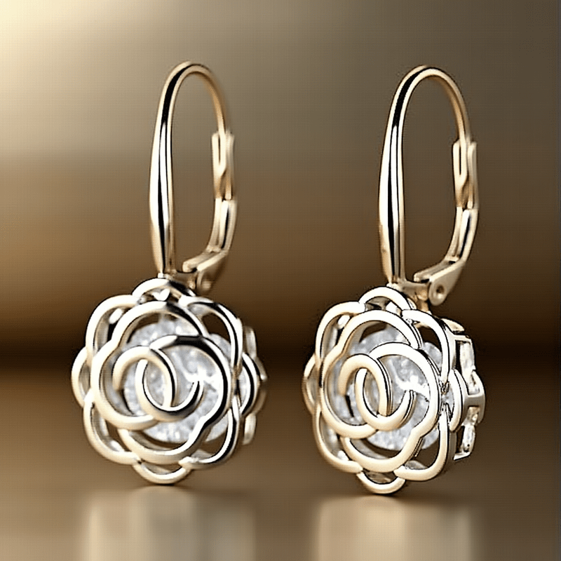 14K White Gold Plated Caged with Crystals Rose Lever Back Earrings2