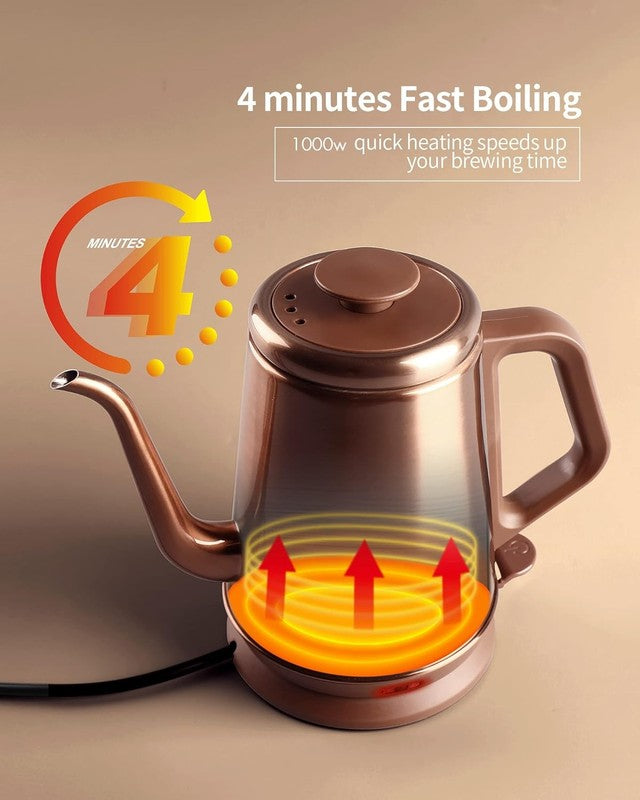 Gooseneck Electric Kettle 1L 1000W Stainless Pour Over Coffee Copper3