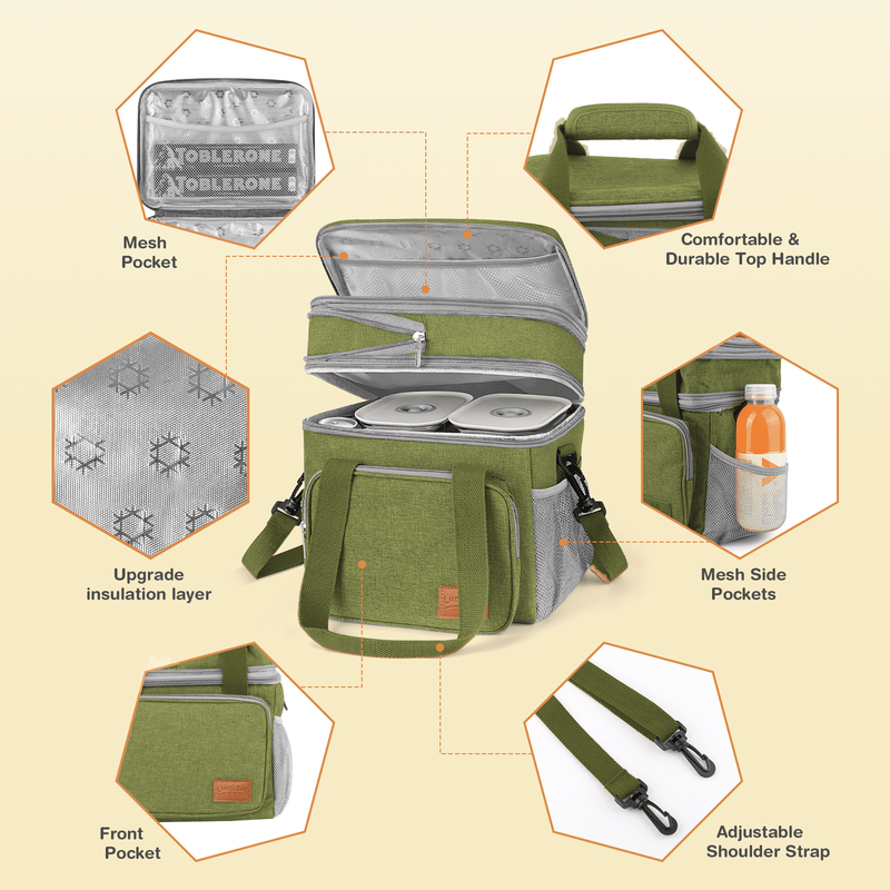 17L Insulated Lunch Bag Expandable Double Deck Cooler Tote Leakproof Work Green2