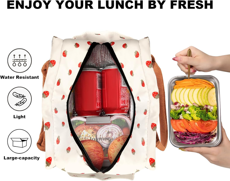 Insulated Lunch Bag Large Reusable Tote w/ Bottle Holder Strawberry2