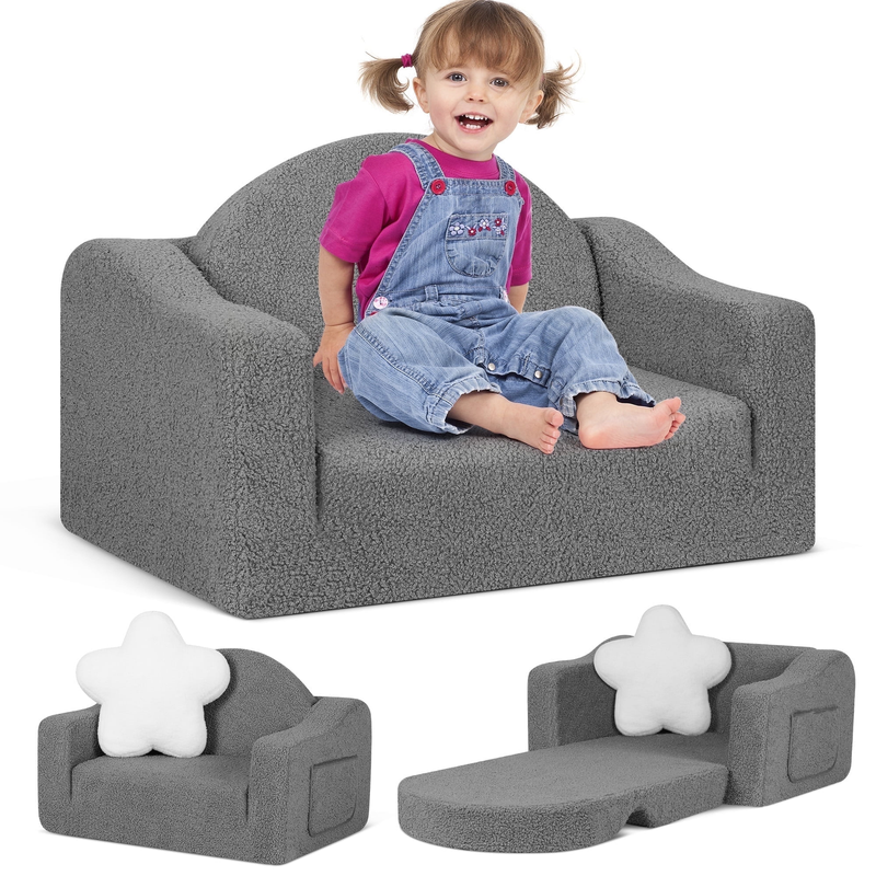 Kids 2 in 1 Toddler Couch Fold Out Soft Convertible Chair Deep Gray Unisex10