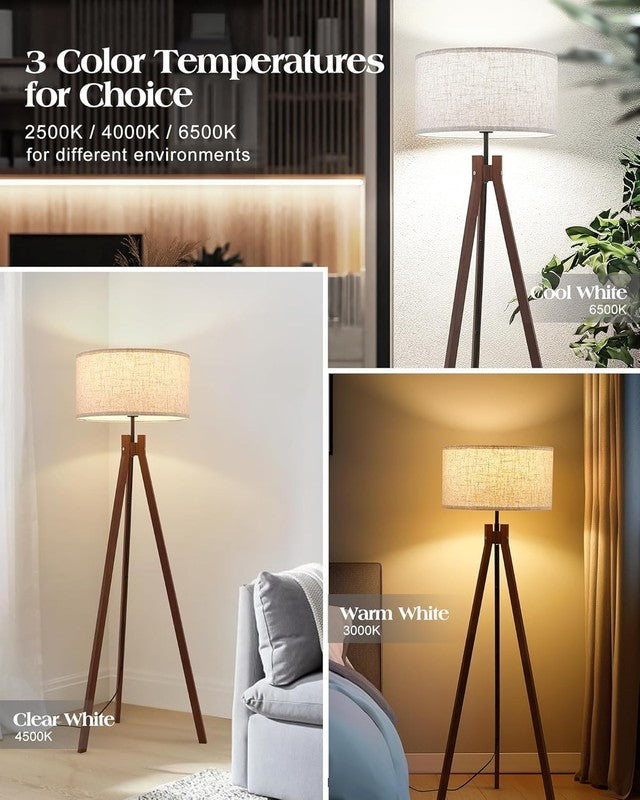 Wood Tripod Floor Lamp Mid Century Reading Lamp Linen Shade LED 9W 3 Color1