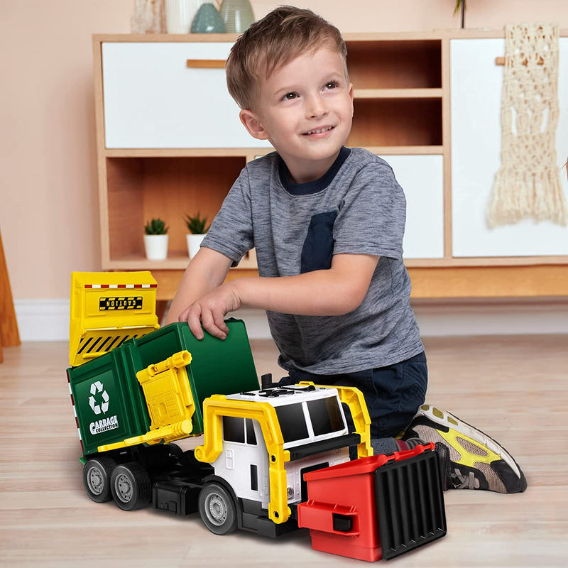 Large Friction Powered Garbage Truck Toy Set, Includes Dumpster, Trash Bins, and7