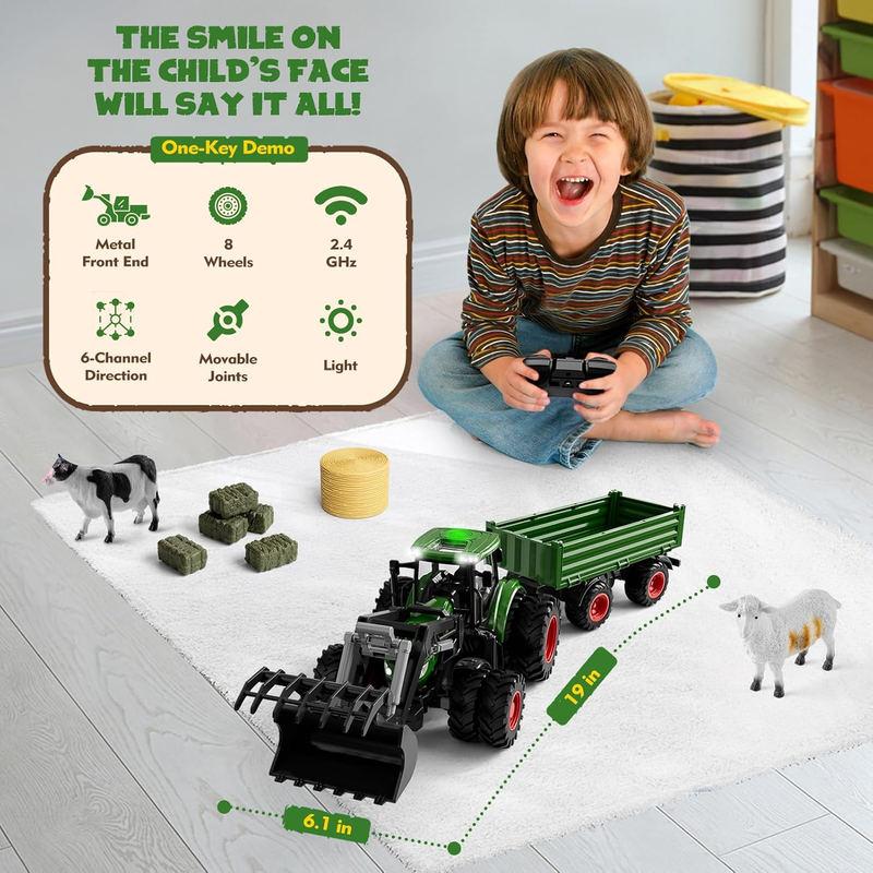 Remote Control Tractor Toy with Trailer | Metal Front & Front Loader Farm Vehicl6