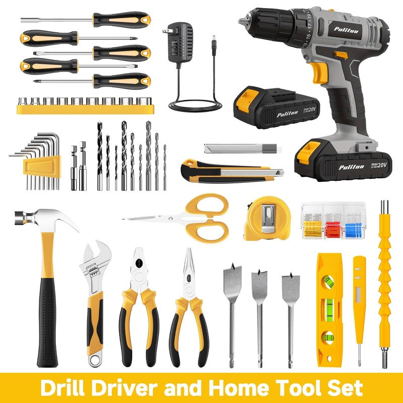 20V Cordless Drill Driver Kit 238Pc Home Tool Set 2 Batteries 21+1 Torque Yellow3