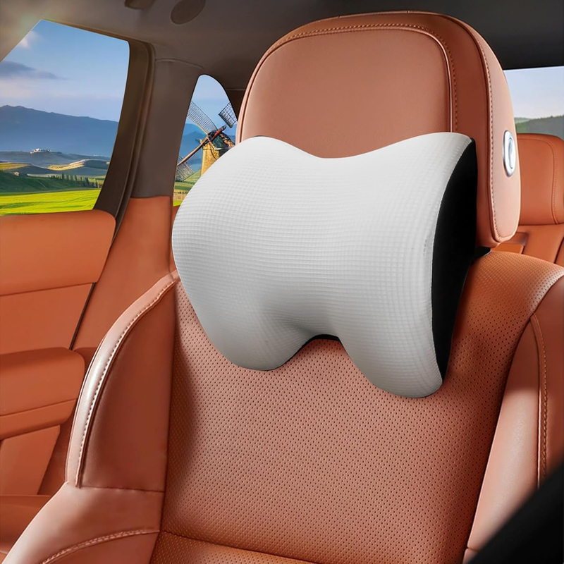 Memory Foam Car Neck Pillow w/ Adjustable Strap & Breathable Cover   Silver8