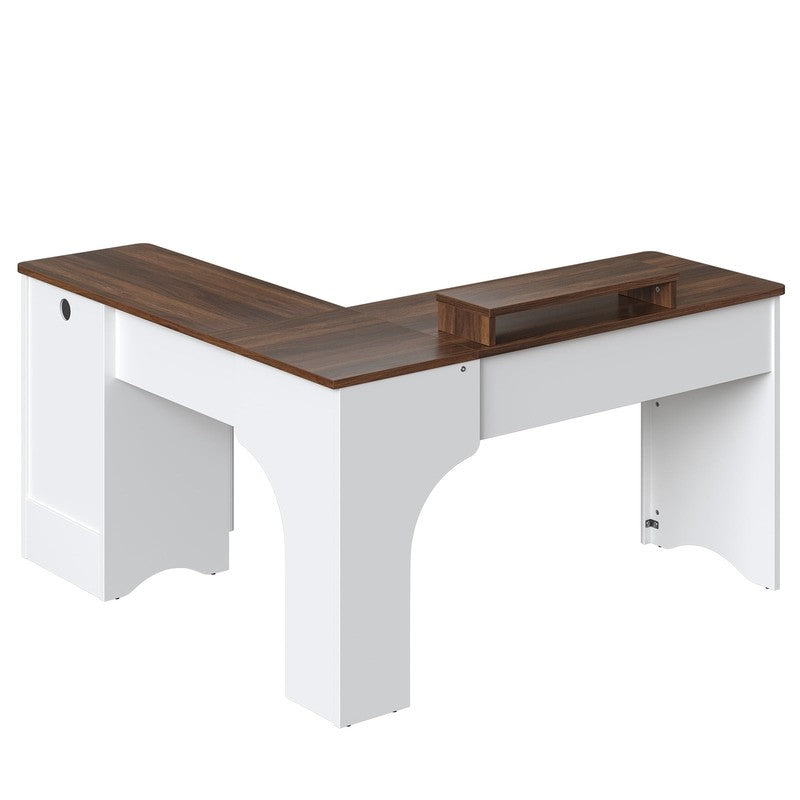 55" L-Shaped Desk with Drawers, Monitor Stand & Fluted Panels White/Walnut11