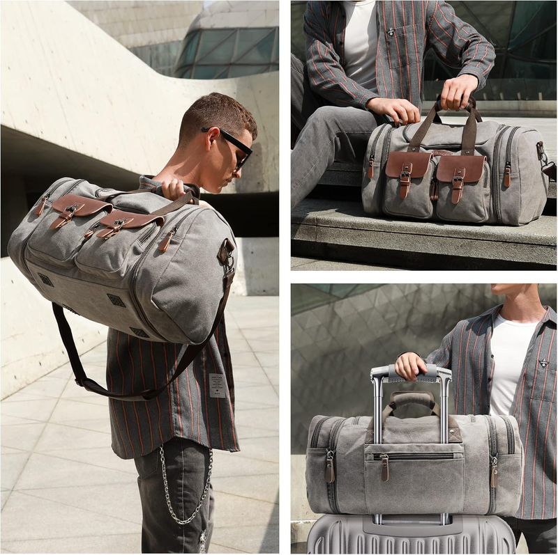 Expandable 50L Travel Duffel Bag Genuine Leather Canvas Weekender Bag2