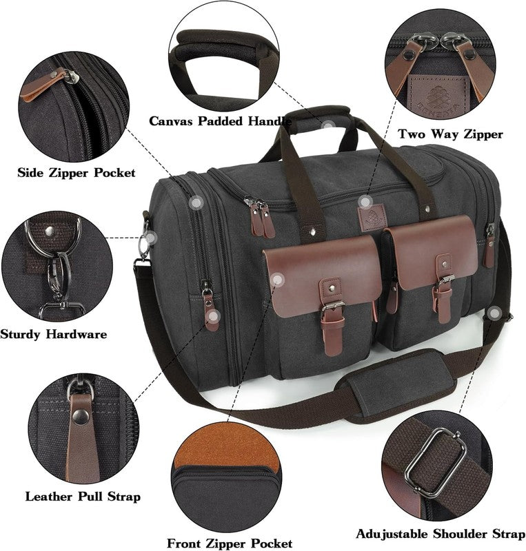 50L Canvas Duffle Bag Men Travel Duffel Expandable Leather Carry On Black2