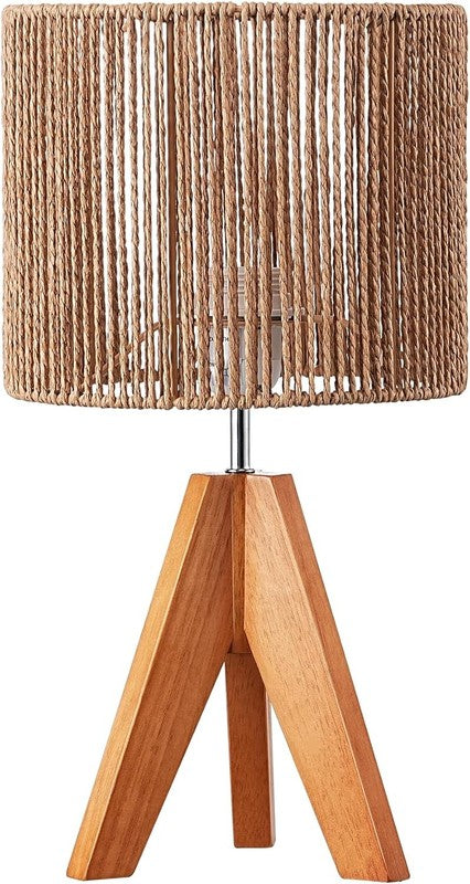 Small Rattan Table Lamp Wood Tripod Bedside Boho Nightstand Lamp E267