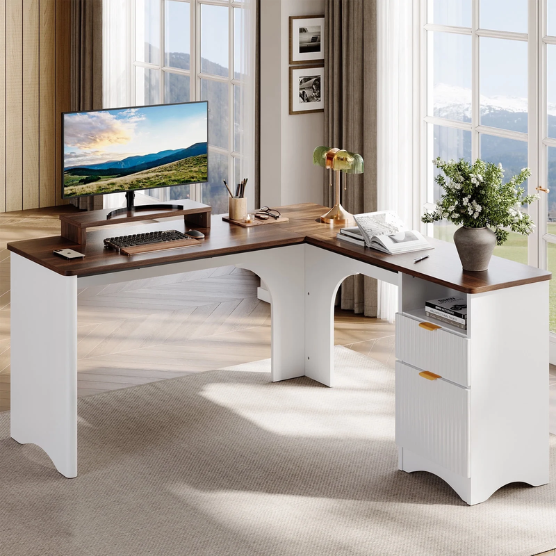 55" L-Shaped Desk with Drawers, Monitor Stand & Fluted Panels White/Walnut0