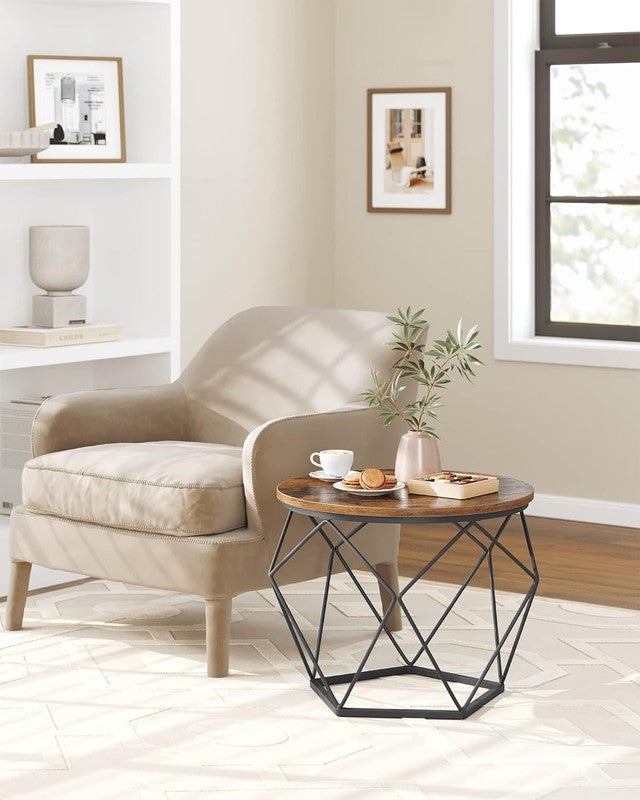 Small Round Coffee Table Set of 2 Steel Frame Side End Tables Rustic Brown Black4