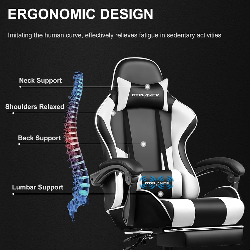 Gaming Chair with Footrest, Lumbar Support, Adjustable Height, 360° Swivel White3