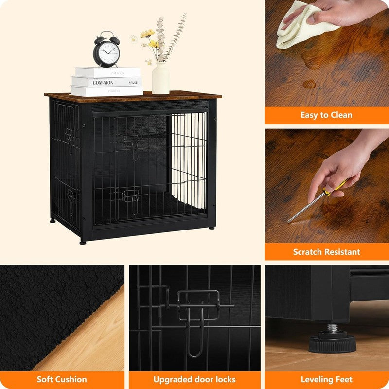 Dog Crate Furniture Table w/Cushion Wooden Kennel Double Door 27.2" Black/Brown4