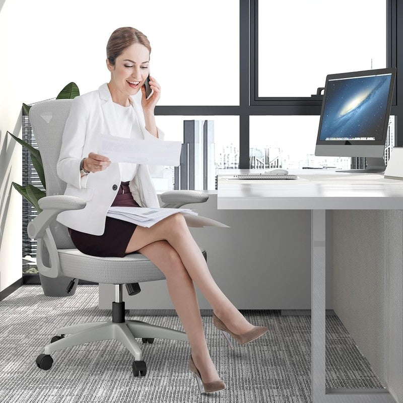 Ergonomic Mesh Office Chair Mid Back Swivel Desk Chair Flip Up Arms Grey1