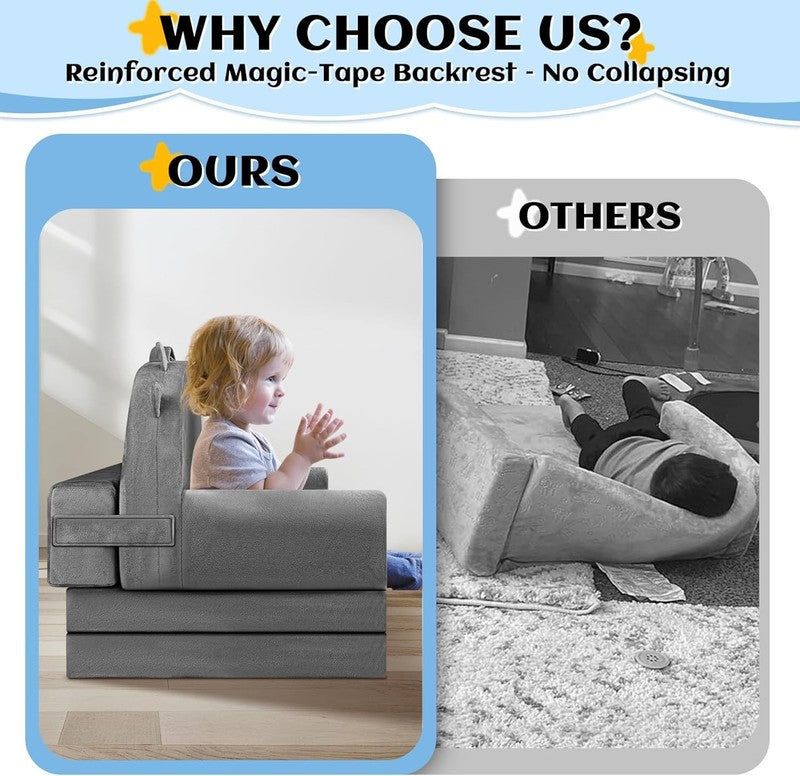 Kids Foldable Sofa Bed w/ Washable Cover, Crystal Velvet Toddler Chair Gray4