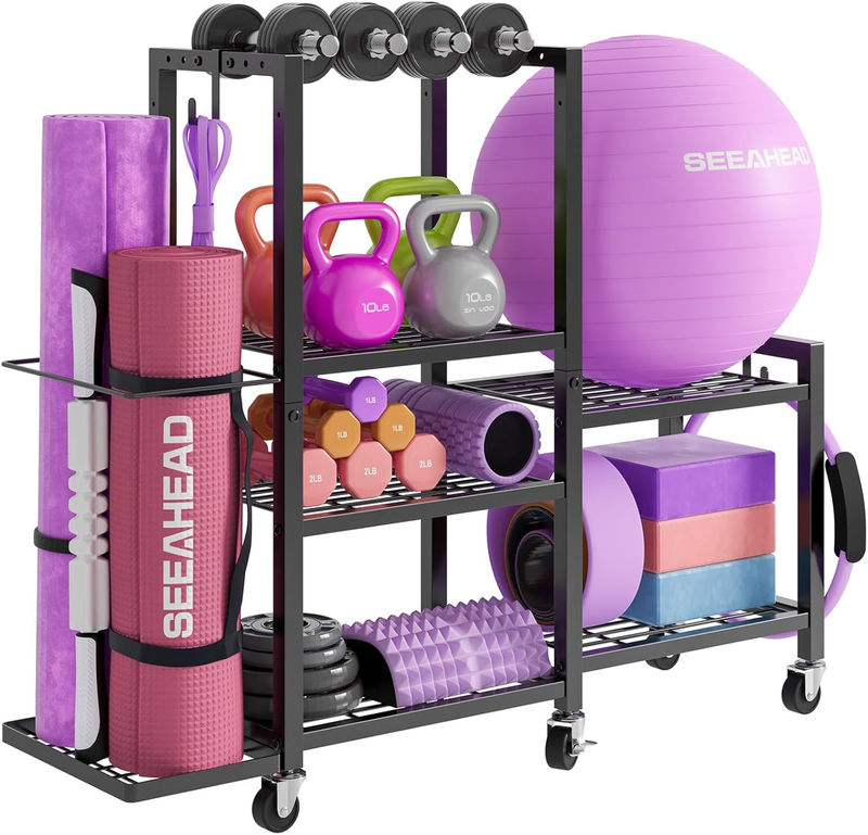6 Tier Home Gym Storage Rack Dumbbell Weight Yoga Mat Organizer with Wheels0