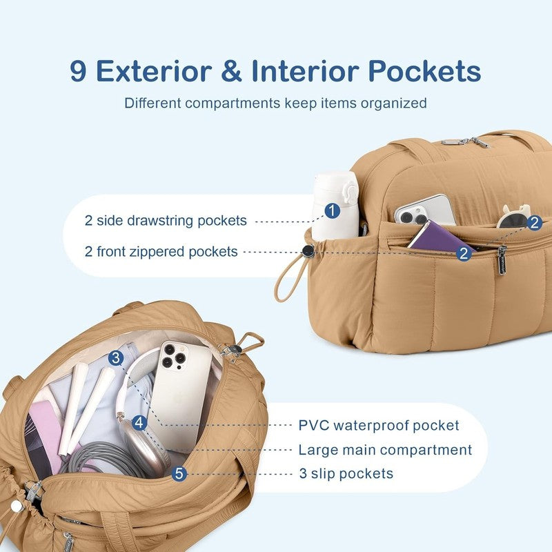 Travel Duffel Bag Women Puffer Gym Weekender Wet Pocket Carry On Khaki5