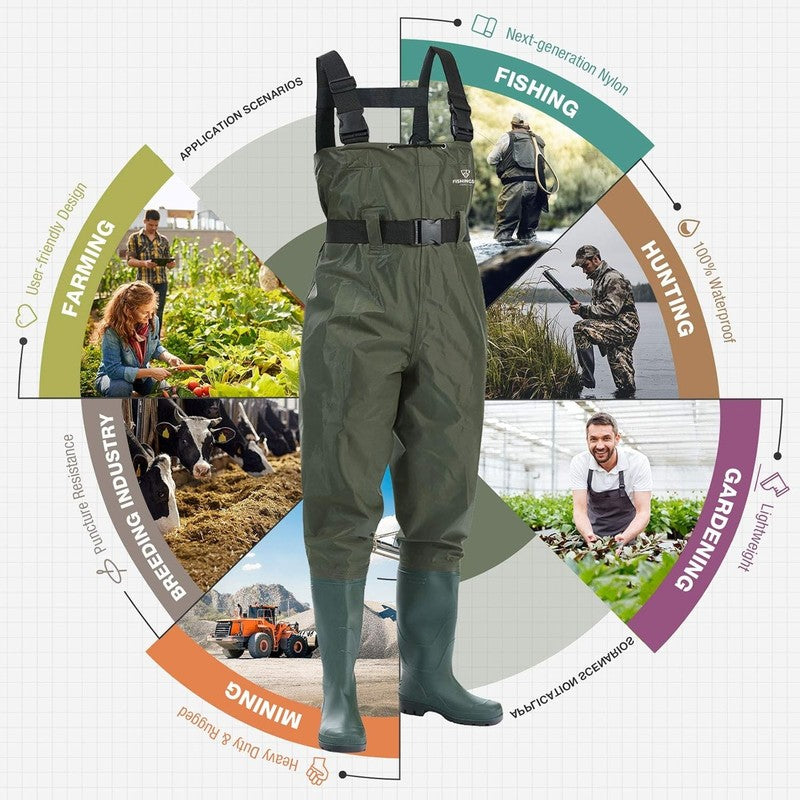 Fishing Waders for Men, 2 Ply Nylon/Pvc Waterproof Women Chest Wader with Boots,2