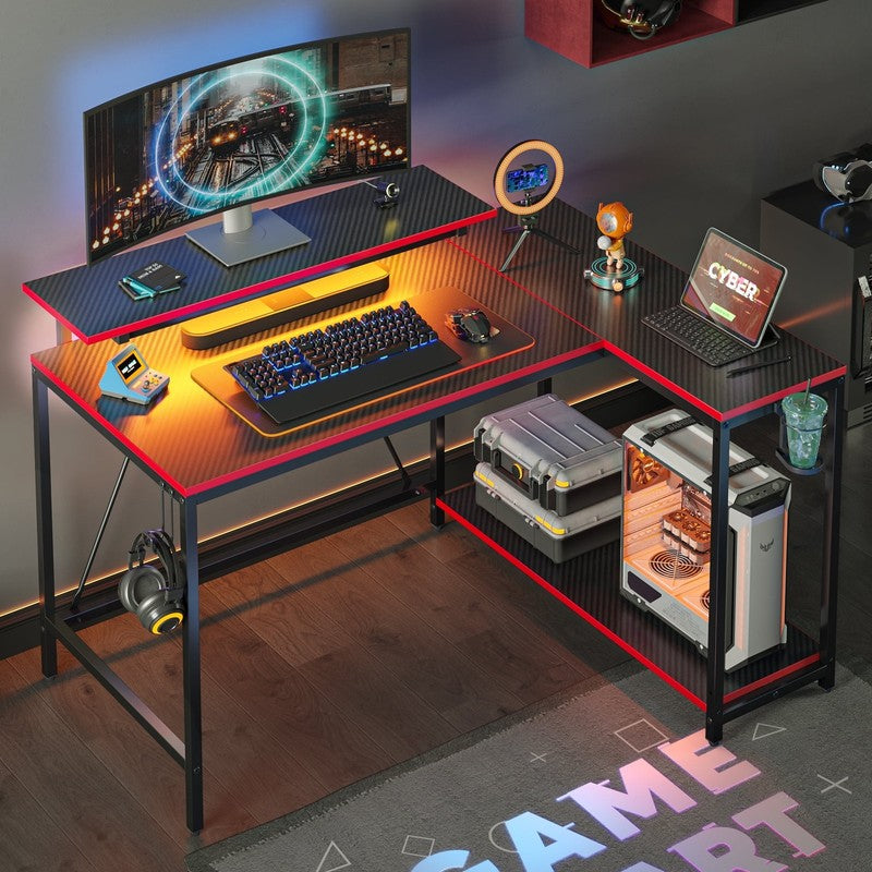 42" Reversible L-Shaped Gaming Desk LED with Monitor Stand & Headset Hooks4