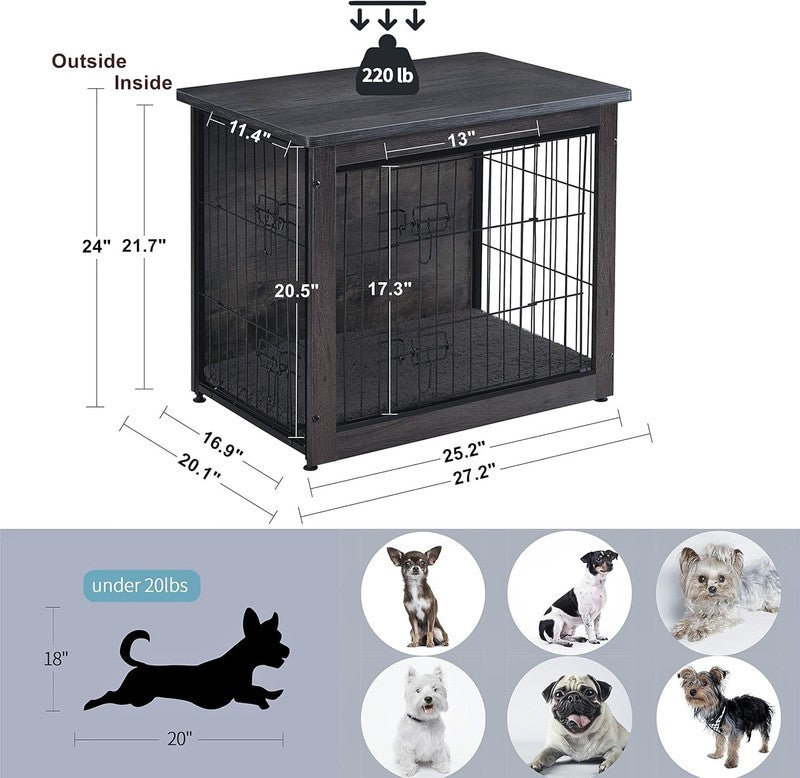 Dog Crate Furniture Table w/Cushion Wooden Kennel Double Door 27.2" Dark Gray5