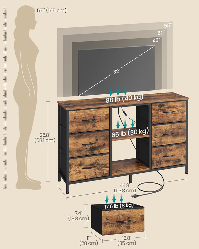 TV Stand Dresser 55 Inch Chest Drawers Steel 6 Drawers 2 Shelves Rustic Brown1