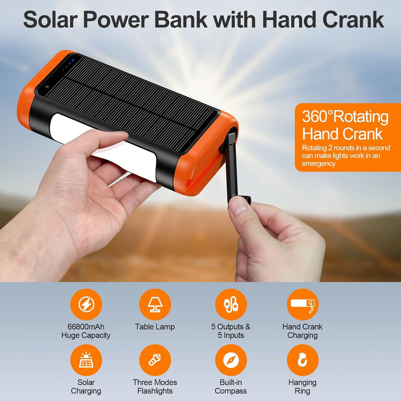 Solar Power Bank 66800mAh Hand Crank 22.5W Fast Charge 5 Output Flashlight1