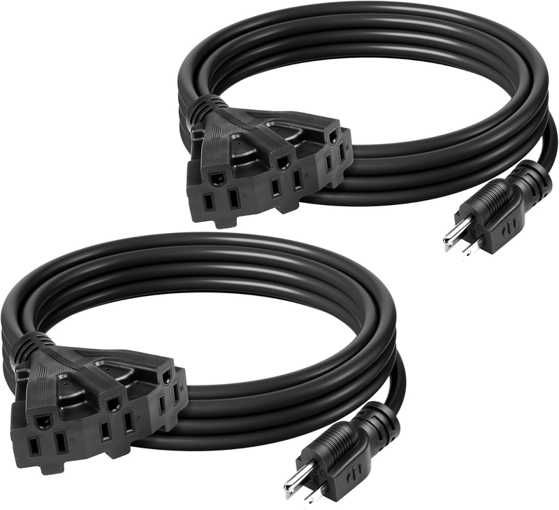 2 Pack 10FT Outdoor Extension Cord 3 Outlet 16/3 13A Black SJTW10