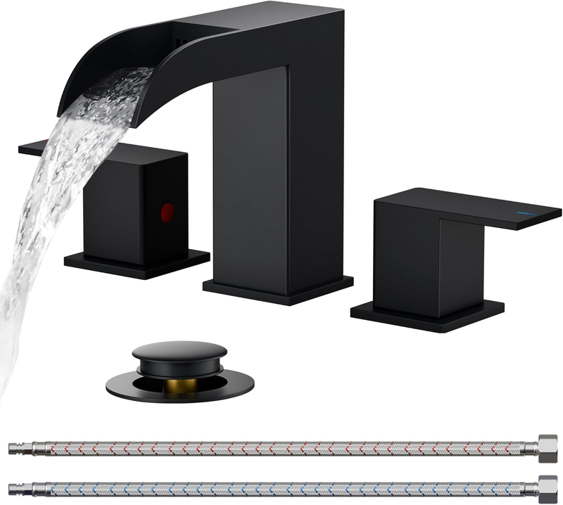 8" Matte Black Waterfall Bathroom Faucet 3 Hole w/ Drain & Supply Lines10