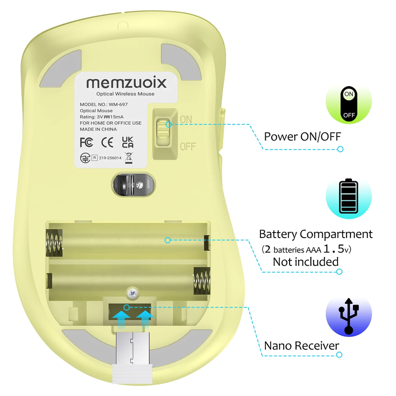 2.4GHz Wireless Mouse 1200 DPI 5 Button USB Receiver PC Laptop Light Yellow4
