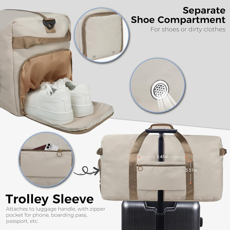 65L Travel Duffel Bag Foldable w/ Shoe Compartment Water Resistant Gray4