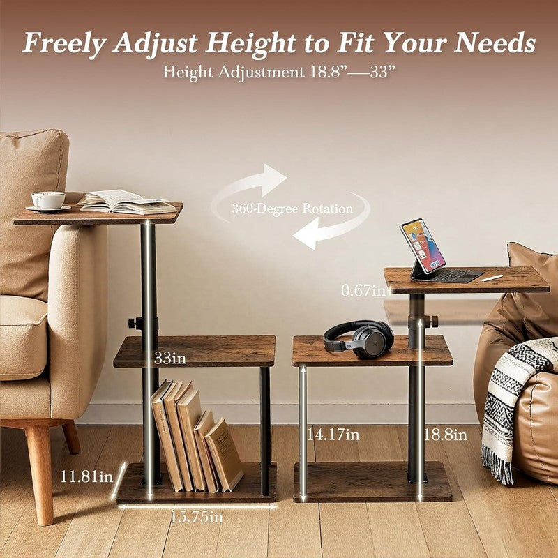 360° Swivel C Side Table 3-Tier Nightstand with Shelf Rustic Brown1